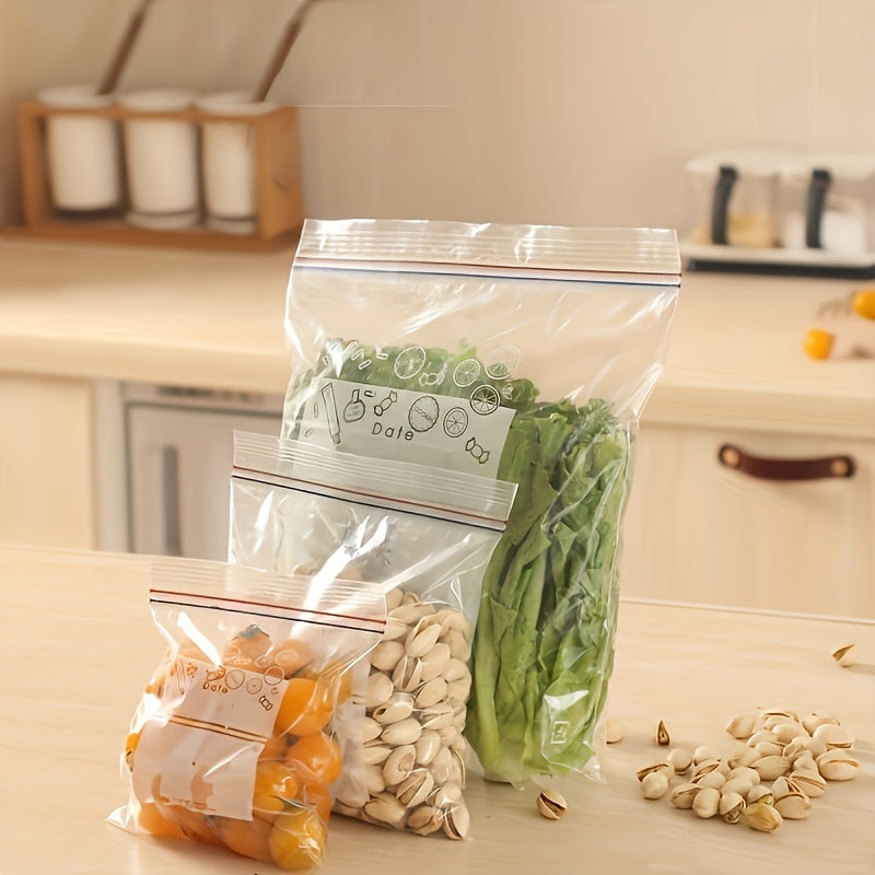 Double Sealing Strip Food Storage Bags in quantities of 15, 20, 30, 65, 130, or 195 pieces. These Double Zipper Bags are transparent and perfect for storing fruits, vegetables, grains, and other kitchen supplies. The Sealed Bags are leak-proof and