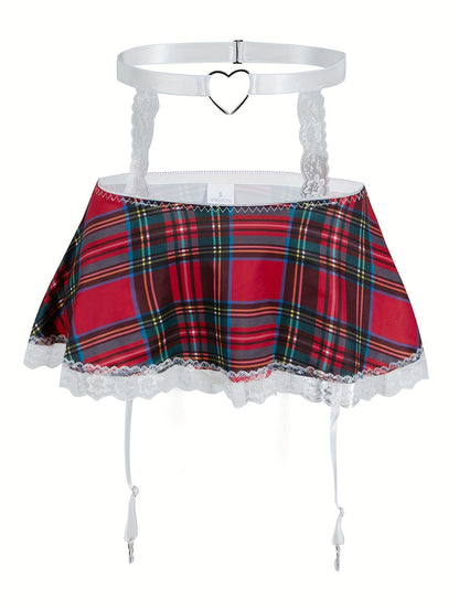 Sexy preppy cosplay costume set includes crop top, skirt, thong, garter belt, and stockings