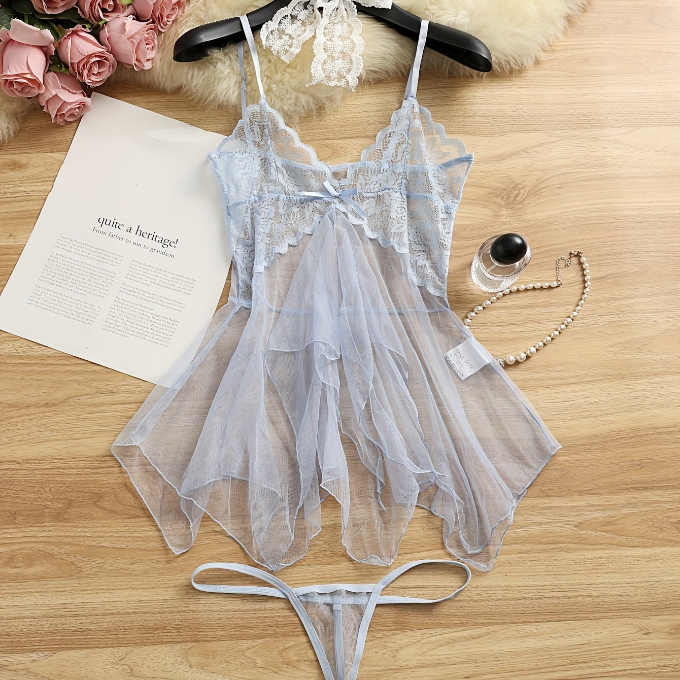 Stylish sheer slip dress with lace detail - ruffle-trimmed sleepwear set for women with matching thong, made from breathable polyester blend.