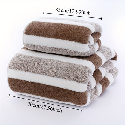 1 Set of Coral Fleece Bath Towels, 100% polyester, 239gsm, soft and absorbent with striped design and edging, perfect for face and body, including wash cloths.