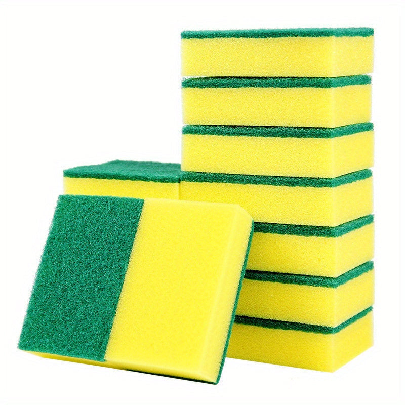 25 pieces of heavy-duty dual-sided scrub sponges in yellow and green colors. Made from durable polyester, perfect for cleaning kitchen, bathroom, and other surfaces. Ideal for non-coated porcelain and bakeware cleaning.