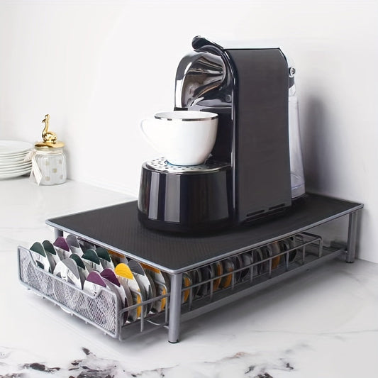 Iron Art Coffee Machine Base with 1pc Coffee Capsule Storage Drawer that can hold up to 60 capsules. Also includes a Coffee Bean Rack and Coffee Capsule Rack.