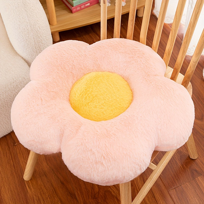 Cute flower plush pillow seat cushion in yellow, pink, and blue. Machine washable, cozy seating addition for home decor and reading spaces. Soft acrylic filling and decorative pillows in contemporary floral design.