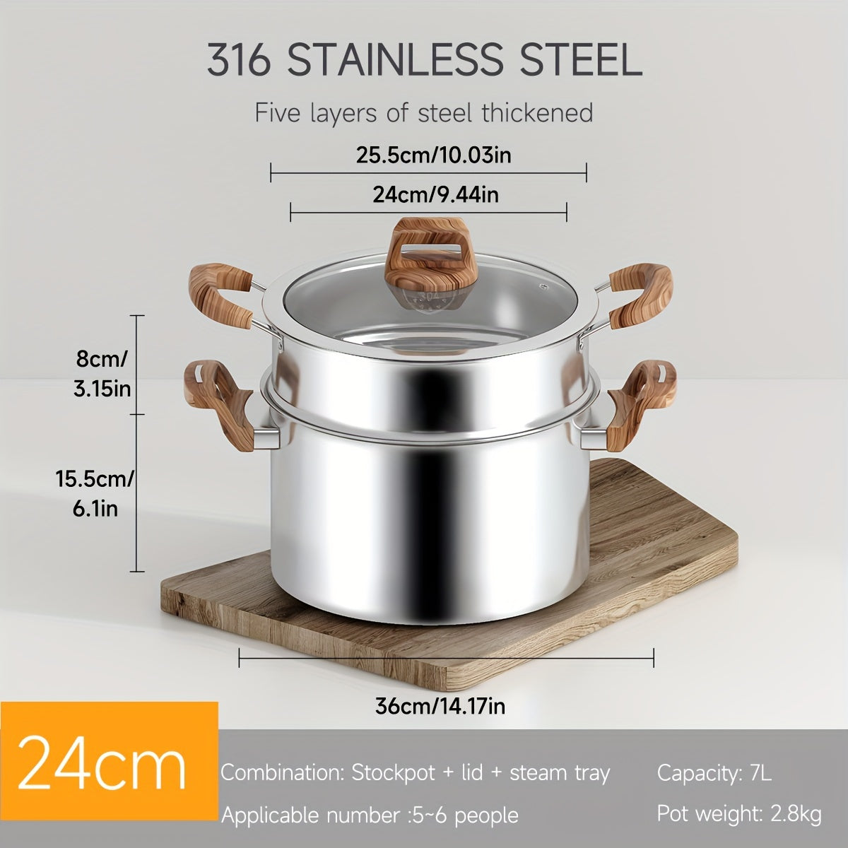 Five-layer composite steel pot for the kitchen, made of thickened food-grade 316 stainless steel. Non-stick and induction cooktop compatible. Features a deep soup pot and thickened steamer with 304 stainless steel lid. Ideal for cooking noodles