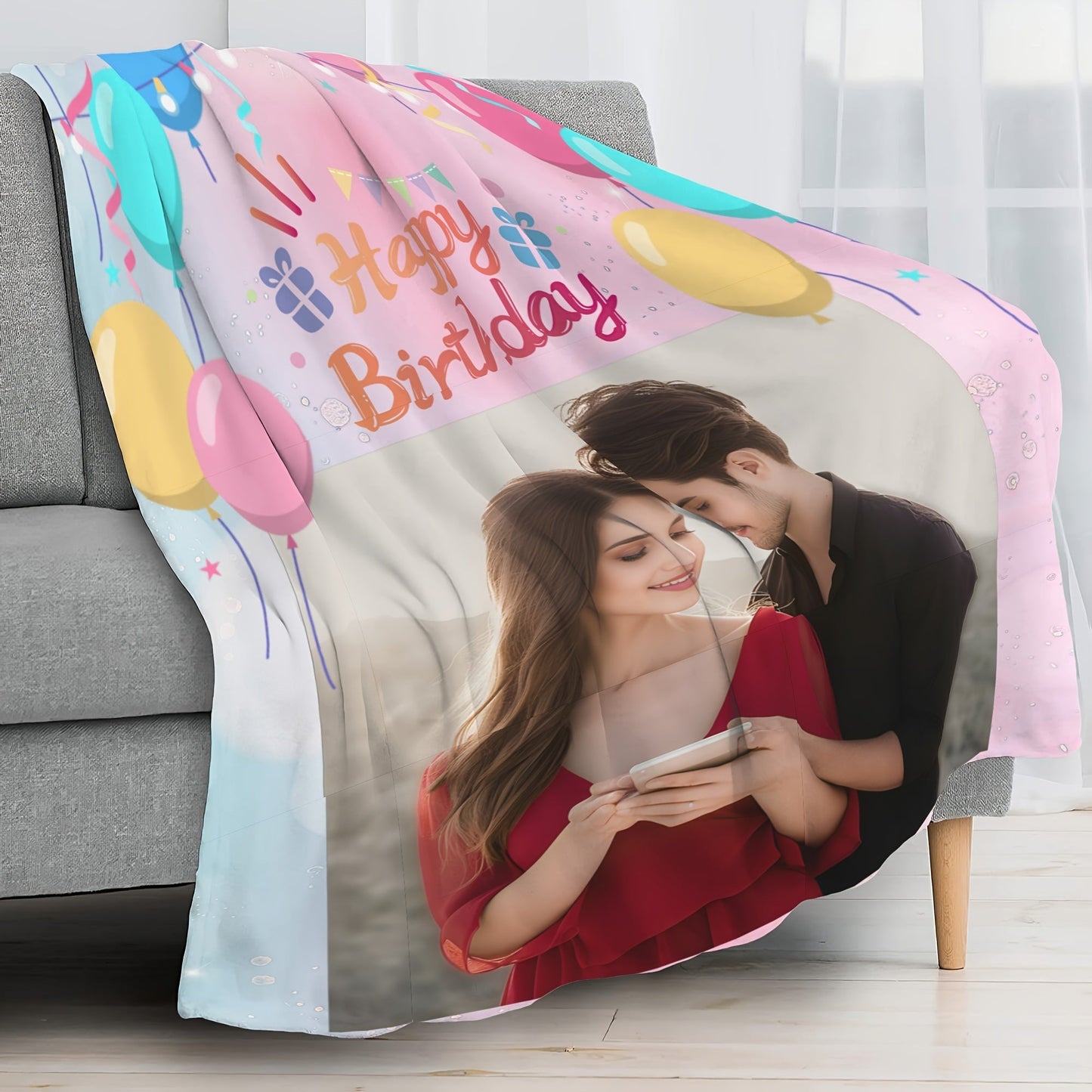 Customized Photo Blanket featuring Cute Balloons and 'Happy Birthday' Message - Ideal Present for Your Beloved Ones