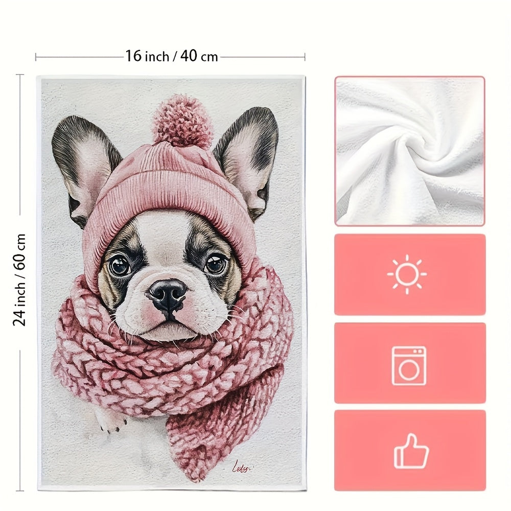 Set of 2 Ultra Soft Kitchen Towels featuring a Cute French Bulldog Puppy with Pink Hat & Scarf, Excellent Absorbency & Easy Care, Perfect for Valentine's Day Decor, Size 40.64x60.96 cm, Dish Towels