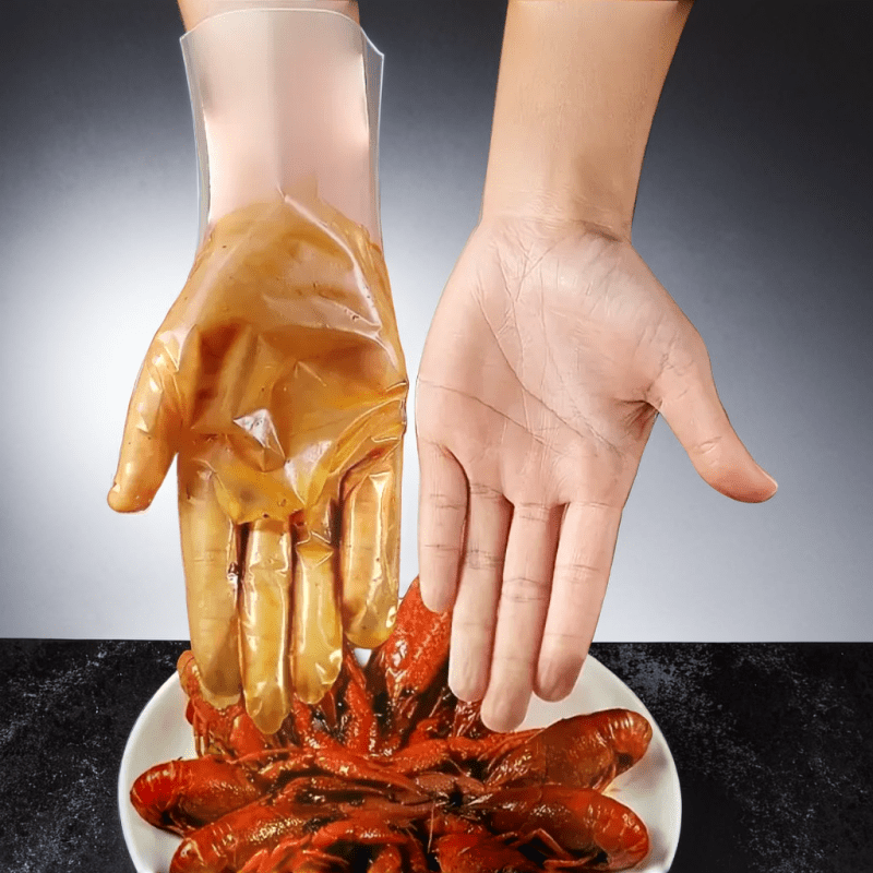 100 pieces of TPE Disposable Cleaning Gloves, free from latex, providing comfort and resistance to oil. Suitable for multiple uses, safe for the environment, ideal for tasks in the kitchen, bathroom, living room, patio, and outdoor areas.