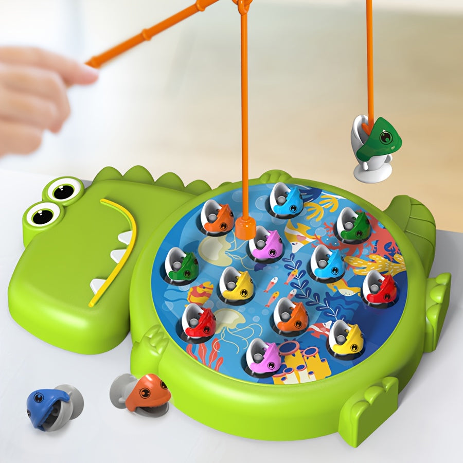 Dinosaur fishing plate toy with weak magnetic rod, suction hook, small fish, plastic material, in green/blue color.