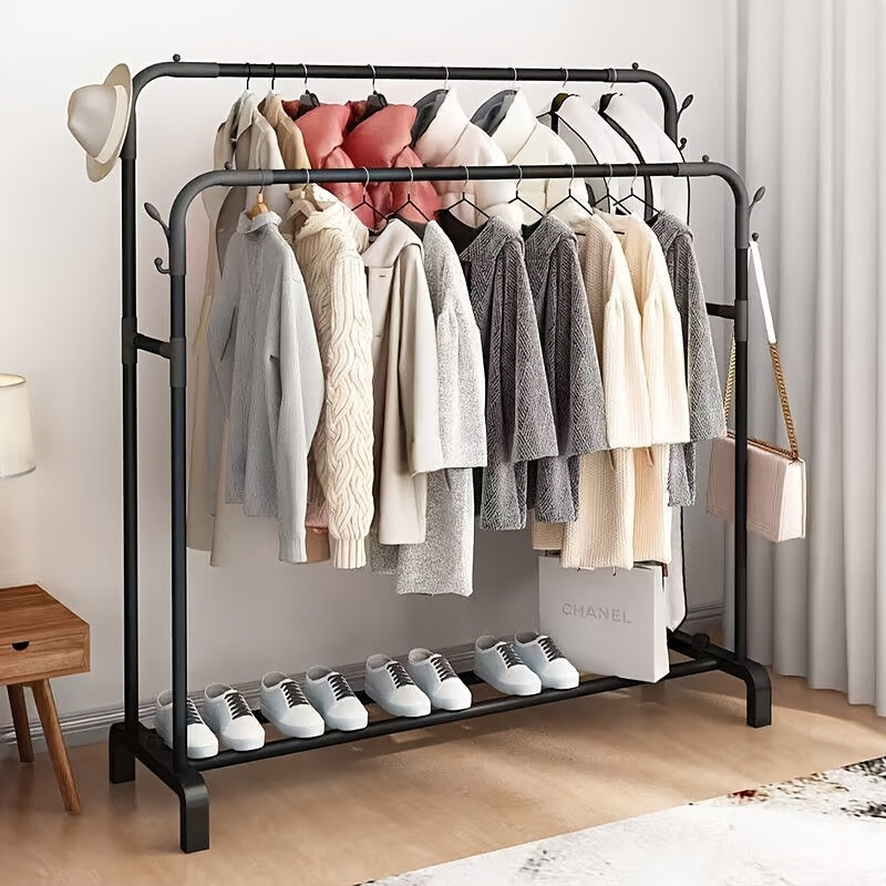 Large capacity, floor-standing clothes drying rack with double pole design. Suitable for bedroom, balcony, or bathroom. Requires self-assembly.