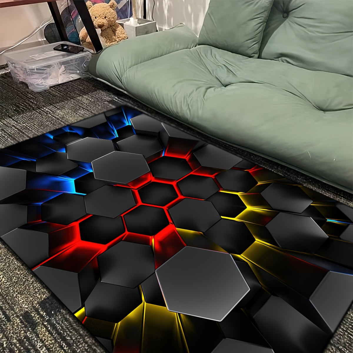 Liven up your space with this whimsical 3D Luminous Hexagon Area Rug! This cartoon-inspired rug is not only cool and fluffy, but also soft and non-slip, making it perfect for any room in your home. Use it in the living room, bedroom, bathroom, laundry