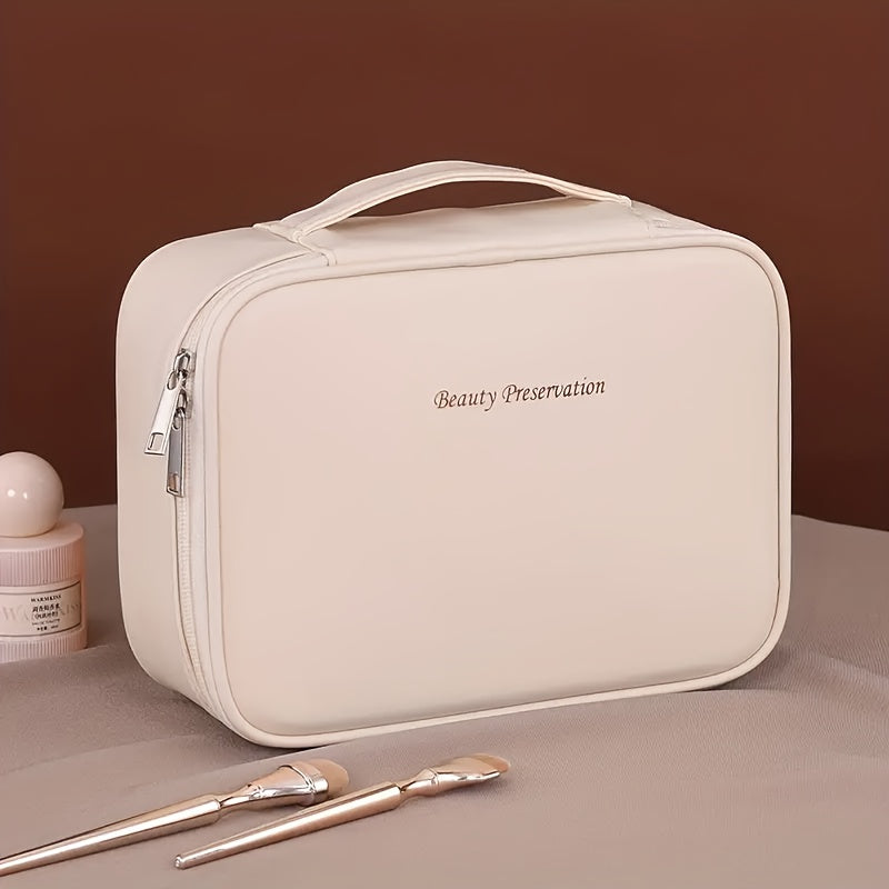 Large capacity detachable cosmetic bag with multiple layers and brush storage, suitable for both men and women.