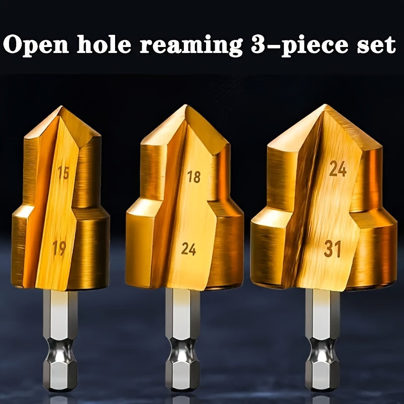 Set of three high-speed steel pipe expansion drill bits (20mm, 25mm, 32mm) with metal adapter for hot and cold water pipe repair. Features hex shank for manual operation, no battery needed.