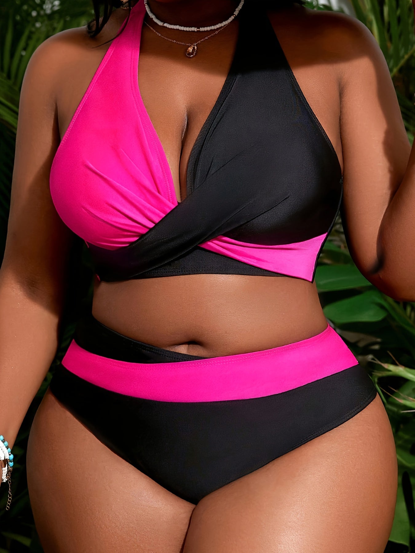 TIDALOLY Plus Size Two-Piece Swimsuit Set for Women - Color Block Bikini with Strapless Top, High Stretch, Removable Pads