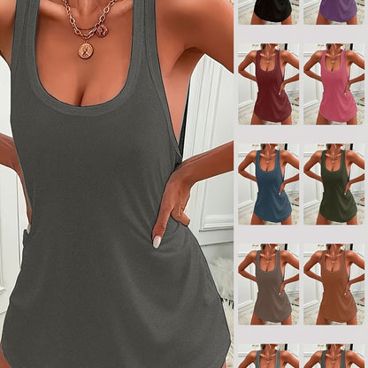 Casual solid sleepwear tank dress with racer back and curve hem for women, comfortable nightgown.