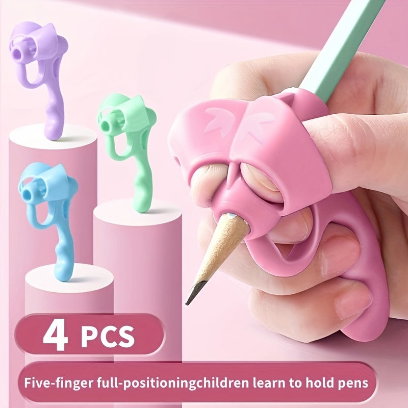 Writing corrector set with soft rubber grip for improving handwriting posture.