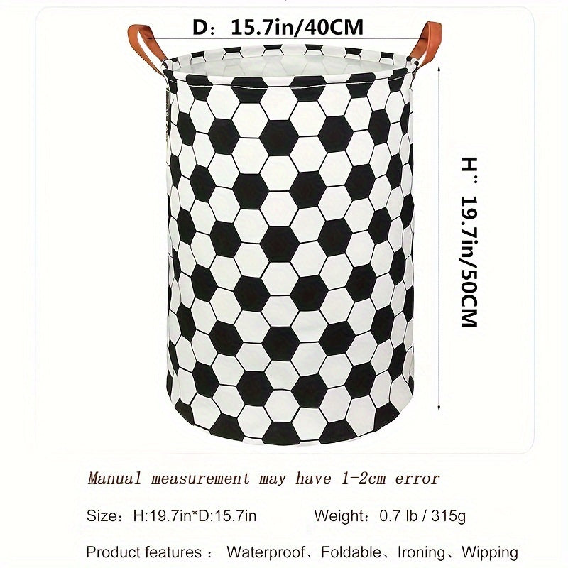 Large canvas fabric laundry hamper with a round shape and football design, perfect for organizing dirty clothes in college dorms, bedrooms, bathrooms, and laundry rooms. This lightweight storage basket is collapsible and waterproof, making it ideal for