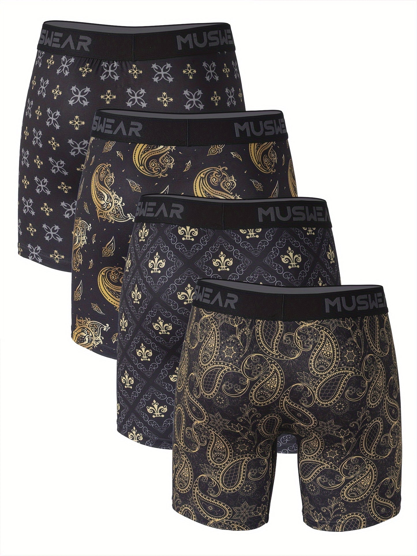 Men's Quick-Dry Boxer Briefs with Baroque Print, Side Openings, Stretchy Polyester & Spandex Blend