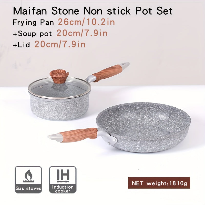 Maifan Stone Non-Stick Cookware Set includes 3 pieces with Wooden Grain Handles and Tempered Glass Lids. Made with Durable Aluminum Construction, these versatile Pots and Pans are suitable for use on various stovetops. Ideal for Boiling, Sautéing, and