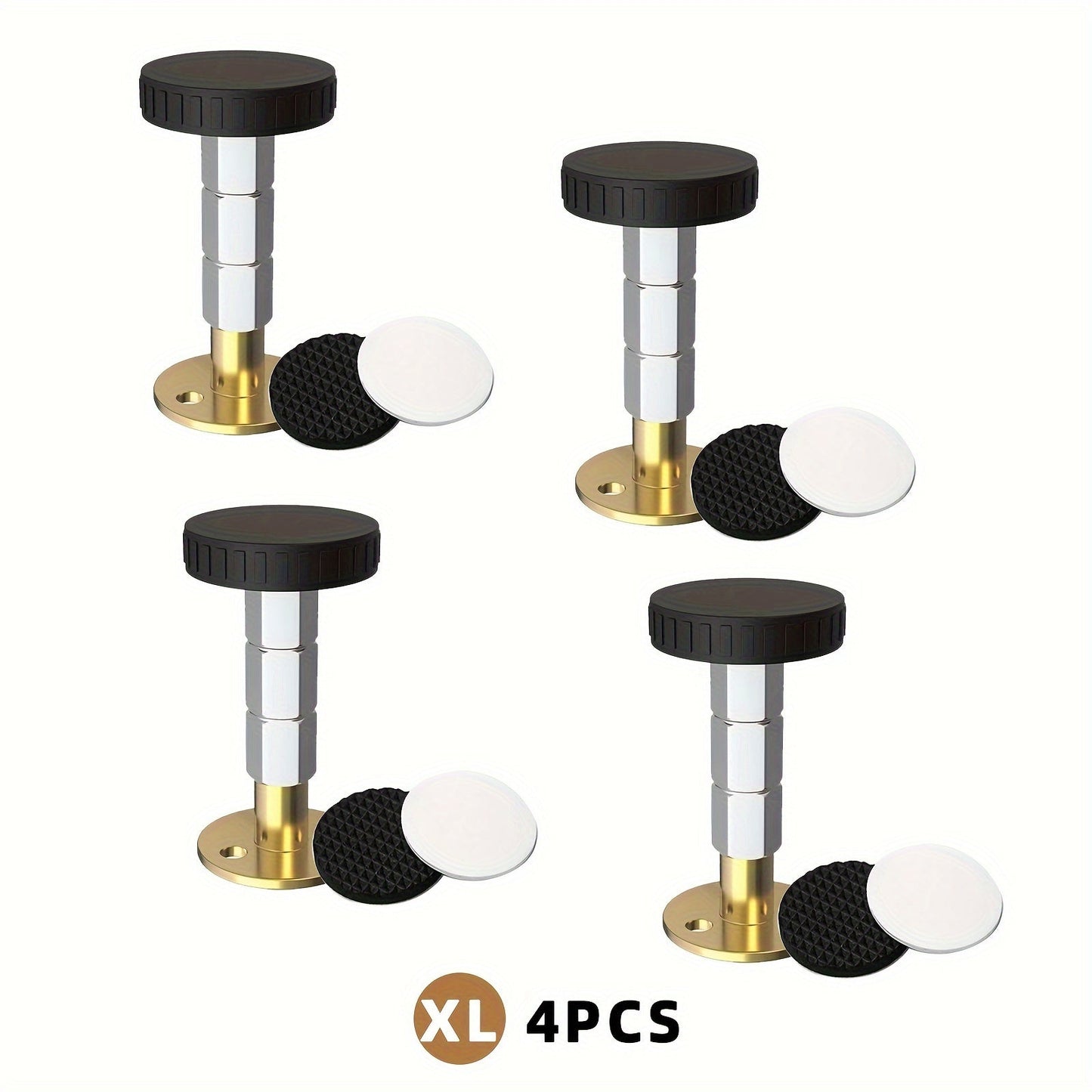 Set of four adjustable tools to prevent shaking in bed frames - includes headboard stoppers and fixers for beds, cabinets, and sofas. Made with durable plastic and metal construction.