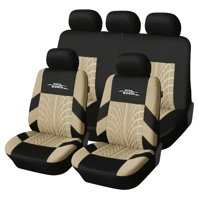 Durable 5-seat car & SUV seat covers made from breathable polyester with tire tread design for easy care.