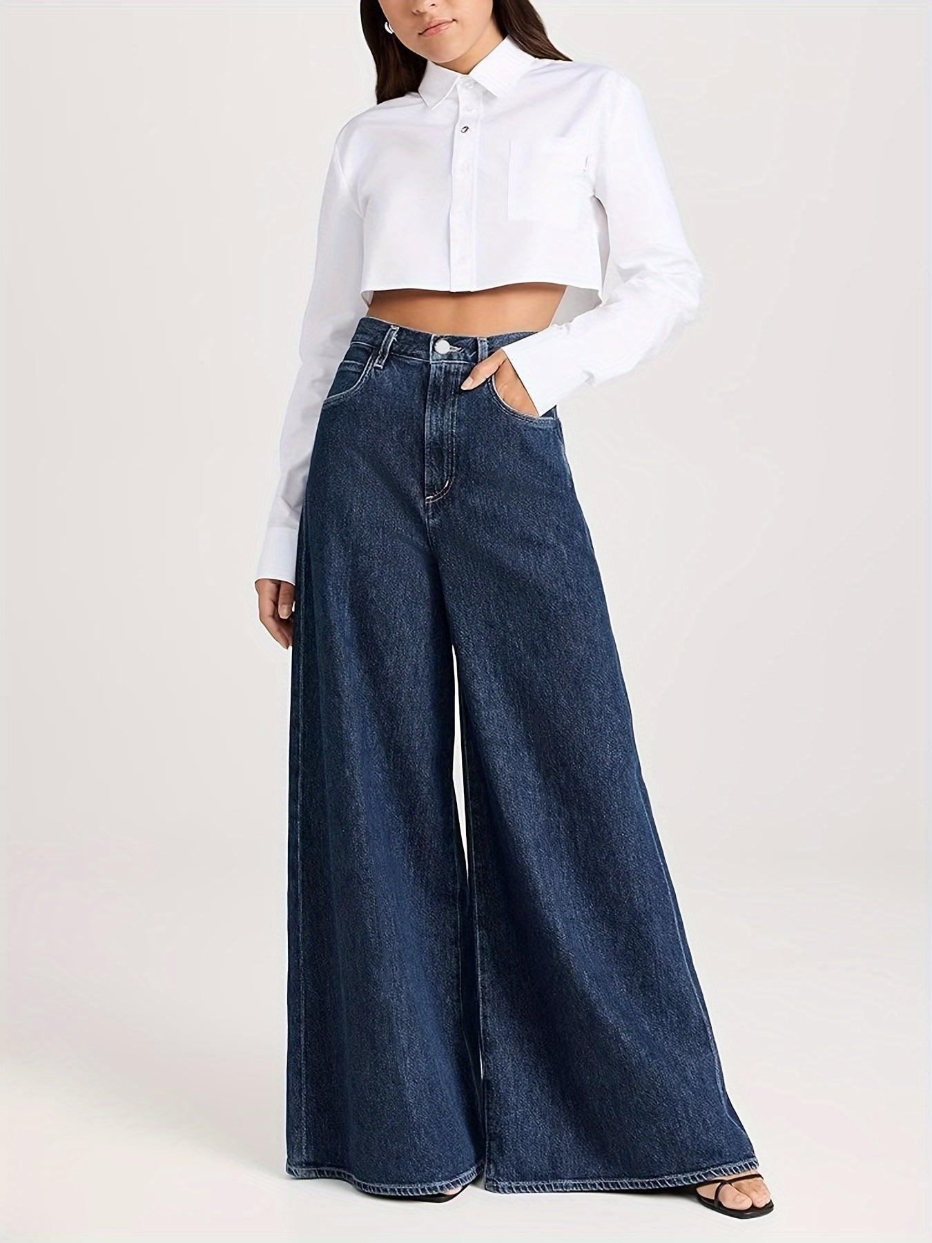 Women's casual high-waisted wide leg denim jeans with solid color, washed finish, medium stretch fabric, suitable for four seasons, and woven material.