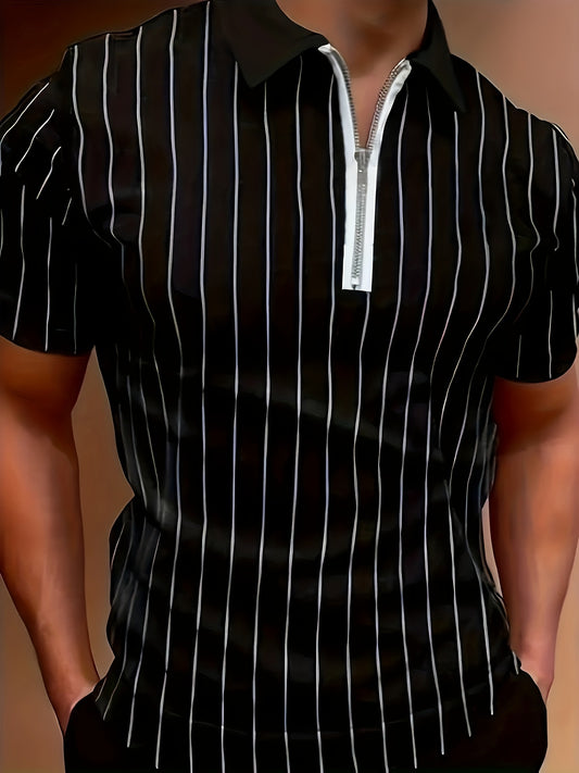 Men's casual black and white stripe baseball shirt with 3D print, ideal for business casual wear.