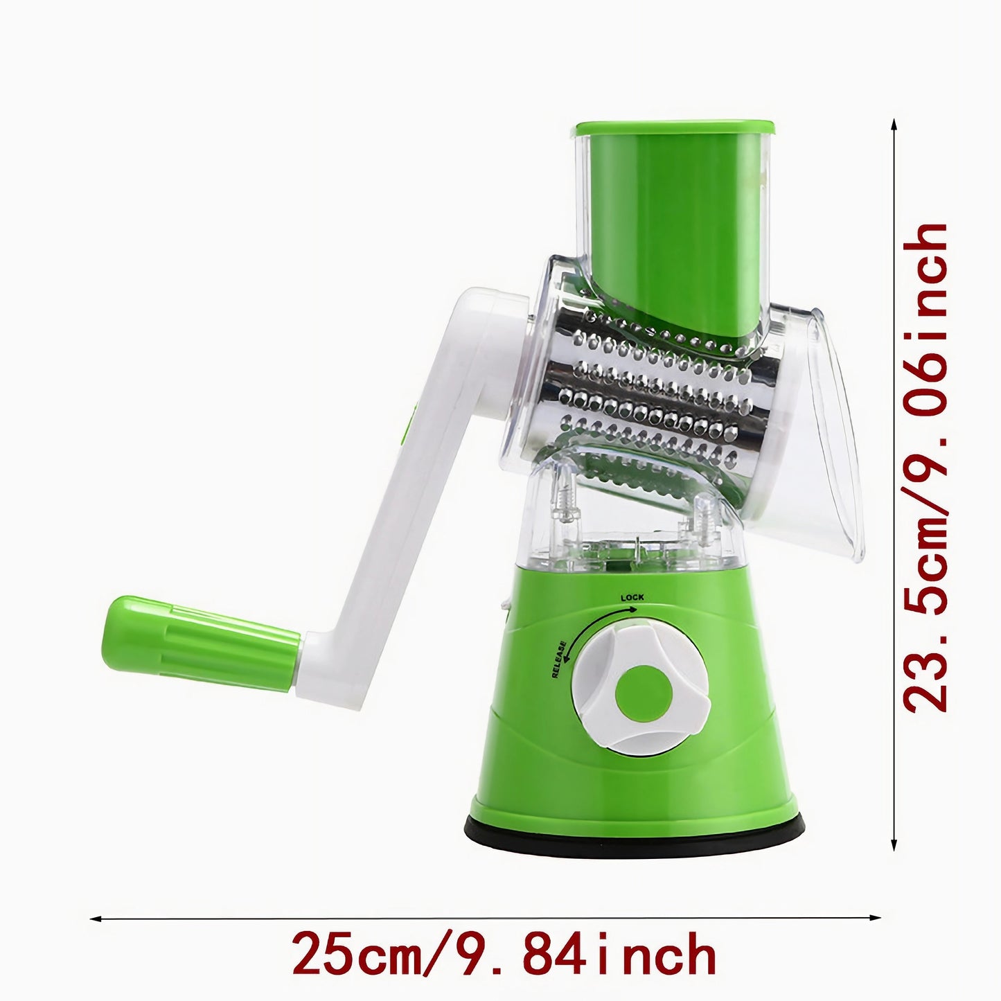 One piece of a durable plastic 3-blade fruit and veggie slicer and shredder, suitable for food-grade use in home kitchens, restaurants, and baking. This versatile tool is easy to assemble and perfect for all types of food preparation.