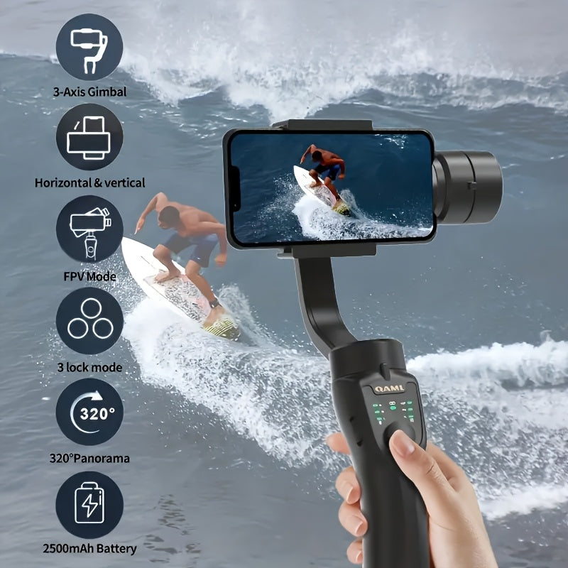 QAML 3-Axis Smartphone Gimbal Stabilizer with USB charging, wireless capabilities, and tripod. Ideal for vlogging, sports, and travel. Compatible with iPhone and Android devices.