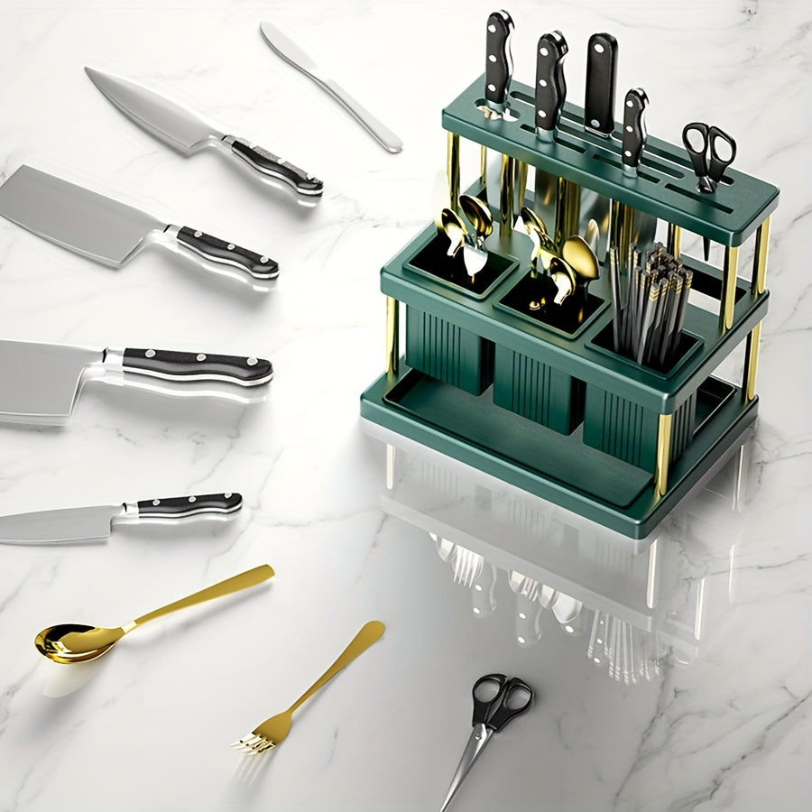 Knife and fork storage rack, with a slot for chopsticks, knives, spoons, and other kitchen accessories. Multi-functional countertop organizer for all your kitchen stuff.