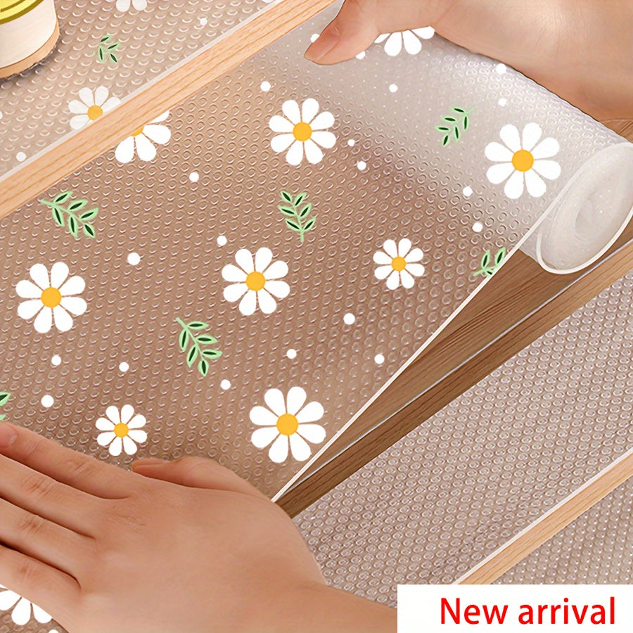 Translucent Daisy Pattern Shelf Liner for Kitchen Cabinets, Drawers, and Shoe Racks - Waterproof, Moisture-Proof, Stain & Oil Resistant, Anti-Mold, Dustproof - Non-Adhesive EVA Mat - 1 Roll