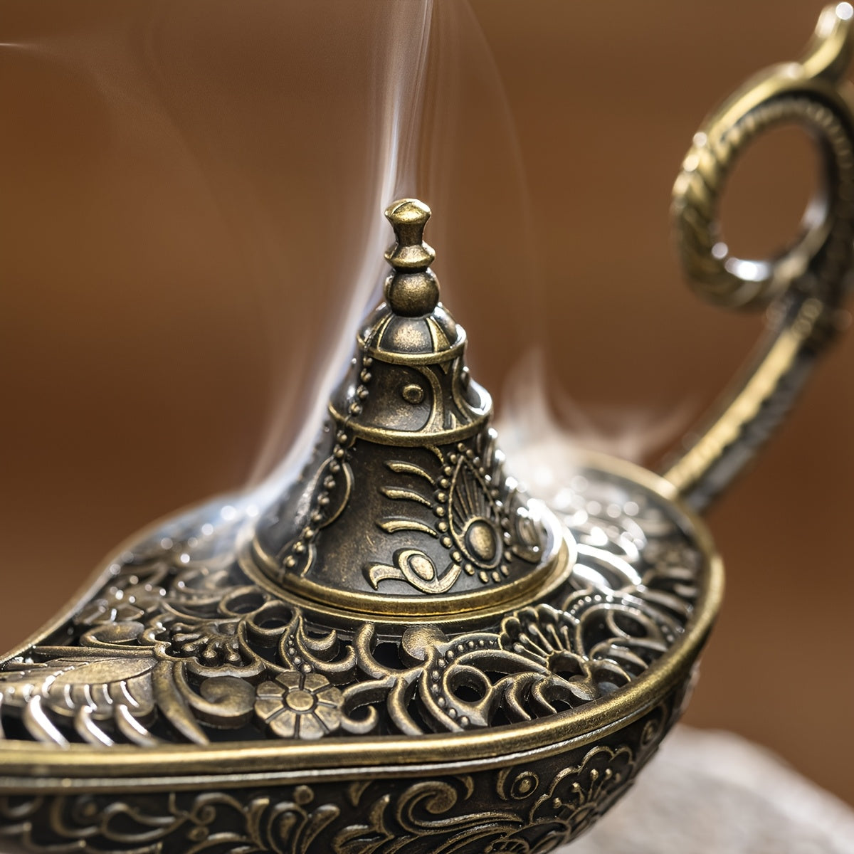 Aladdin's Magic Lamp Incense Burner: Antique metal holder for Frankincense and Tibetan Incense, with air purification for festive home fragrance on holidays.