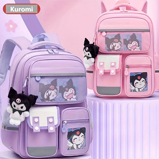 Kawaii Kuromi-themed school backpack with multiple pockets, lightweight design, shoulder straps, and compartments for organizing supplies and rewards.