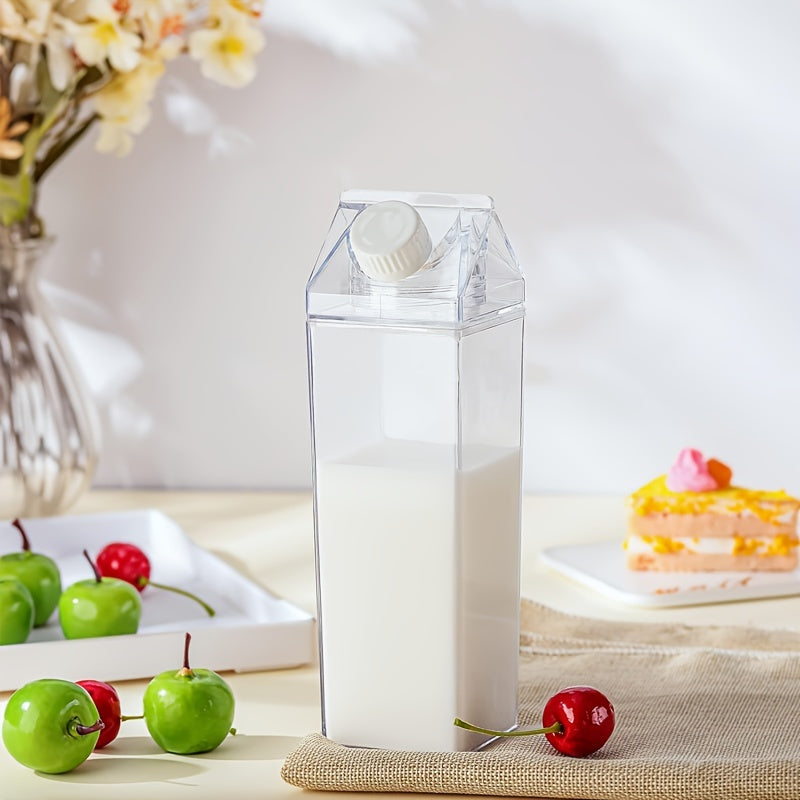 Stylish milk carton water bottle, travel-friendly, fits in backpacks and car cup holders, ideal for cold drinks and fruit juice.