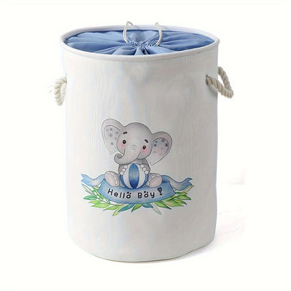 Blue Elephant Design Fabric Storage Basket with Lid - Collapsible and Stackable for Home Organization in Nursery, Wardrobe, or Shelf