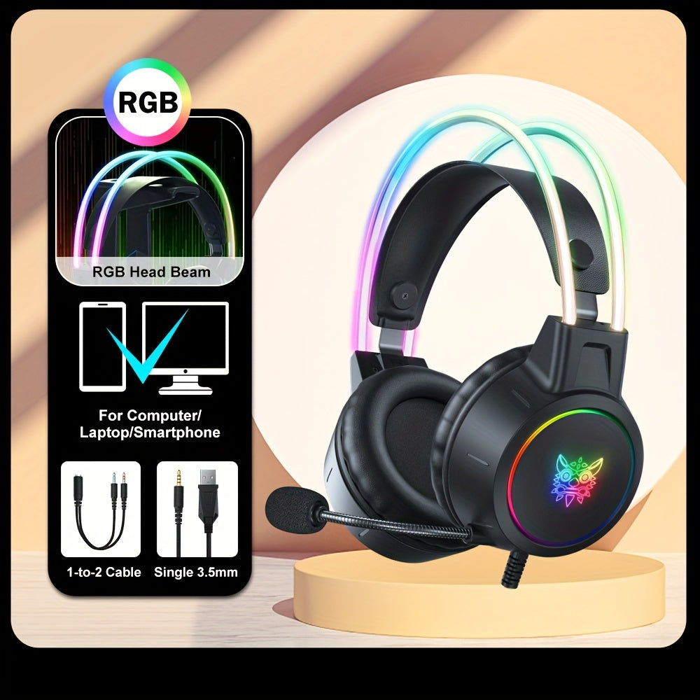 ONIKUMA RGB Gaming Headset with Noise Cancellation, High-Quality Sound, Detachable Mic, Black Anime-Themed Design, USB Powered, Surround Sound, Volume Control, Wired for PC and Laptop.