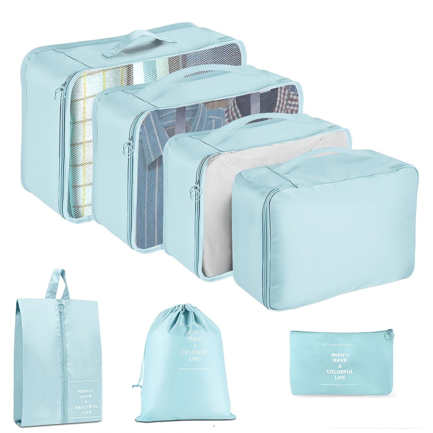 7-piece set of polyester travel organizer bags for large capacity luggage sorting and clothes storage.