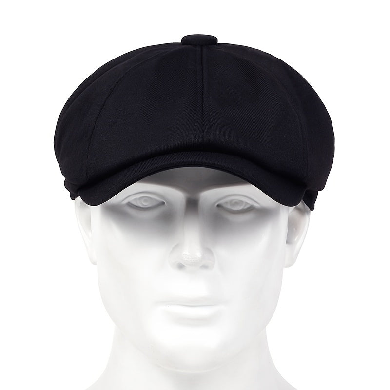 Men's black polyester beret hat with adjustable strap and metal buckle, stylish and comfortable for fall/winter casual wear.