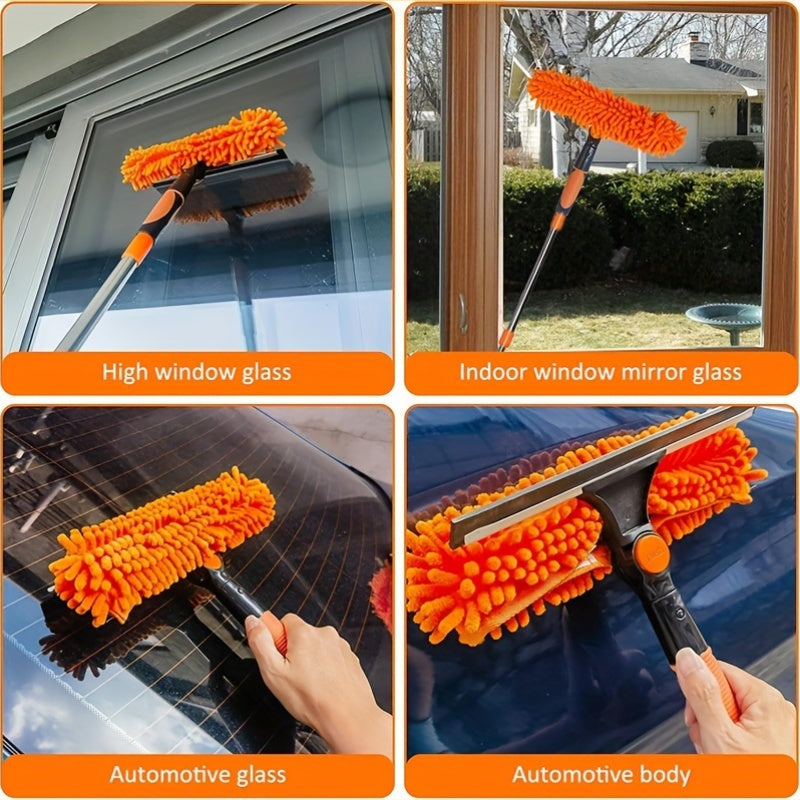 Multipurpose Chenille Microfiber Window Cleaning Set with Adjustable Stainless Steel Handle - Gentle yet Effective for Windows, Walls, and Outdoor Surfaces