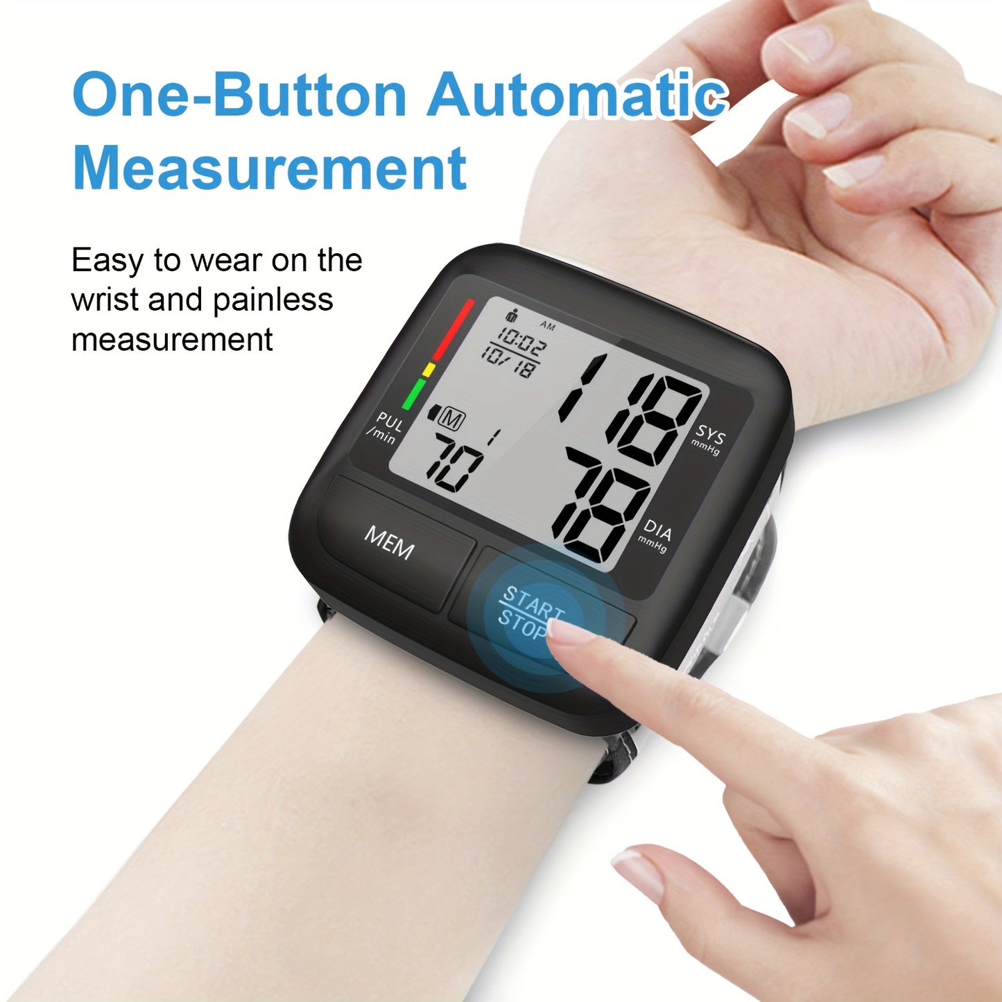 Portable wrist blood pressure monitor with large LCD display, automatic digital device, includes wrist strap and PP box.