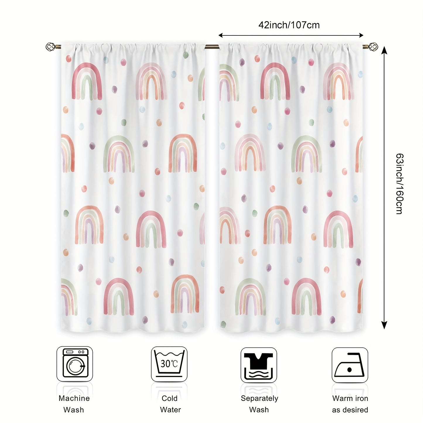 Polyester curtain with Bohemian Rainbow Cartoon design, 214cm x 160cm, 2 pieces.