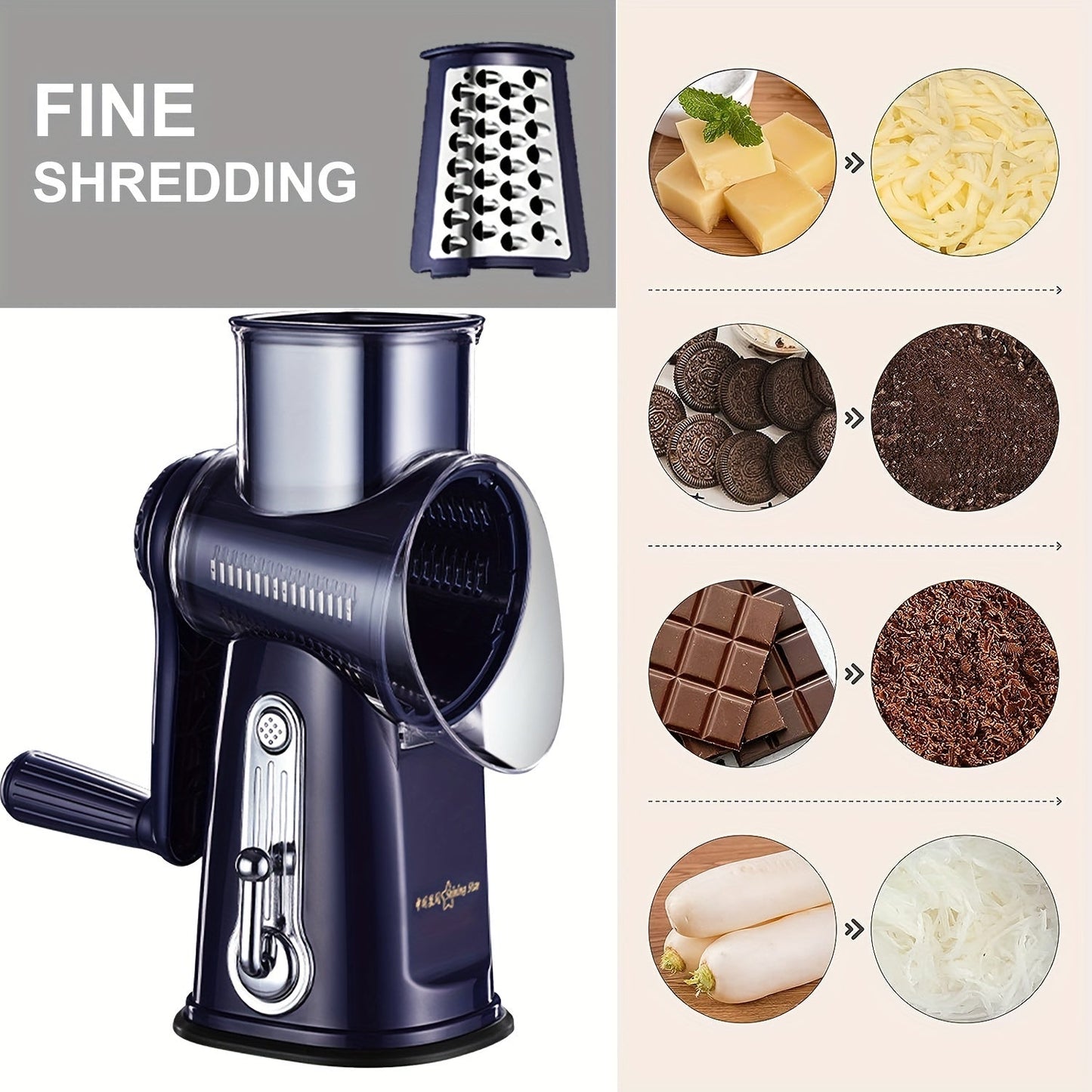 Get 5-in-1 functionality with this versatile kitchen tool - the Rotary Cheese Grater! This handy gadget not only shreds cheese but also works as a vegetable slicer, nuts grinder, and features a strong suction base for stability. The set includes 5