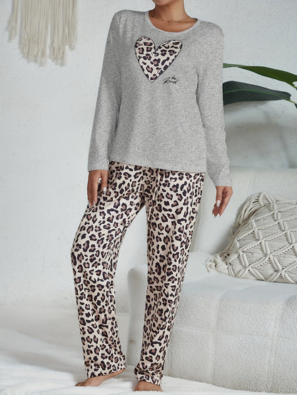 Casual leopard pajama set with long sleeve heart print top and pants for women's sleepwear and loungewear.