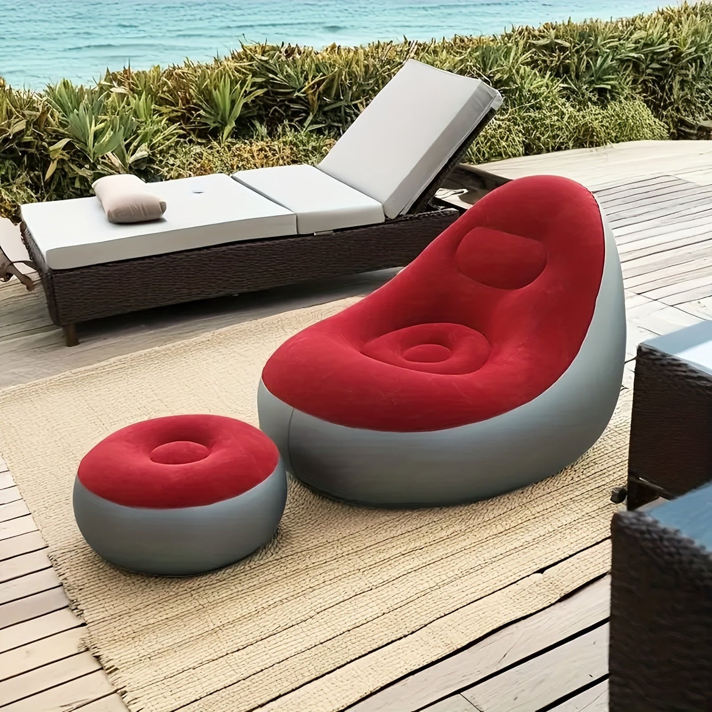 The Single Stool/Sofa And Stool Combo is an inflatable sofa that can also be used as a portable outdoor waterproof sofa. It is a versatile piece of furniture that can be transformed into a folding lounge chair or an outdoor sofa bed with footrest. The