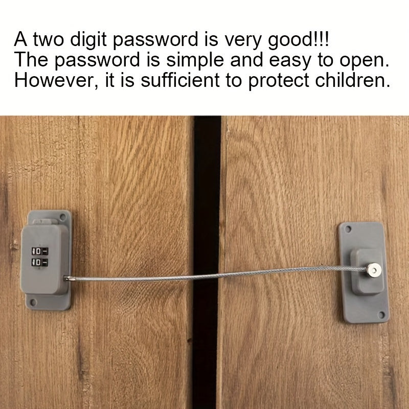 Simple to set up child safety locks with a 2-digit password for drawers, fridges, cabinets, and windows. No need to drill holes. Comes in gray, white, and black colors and is phthalate-free.