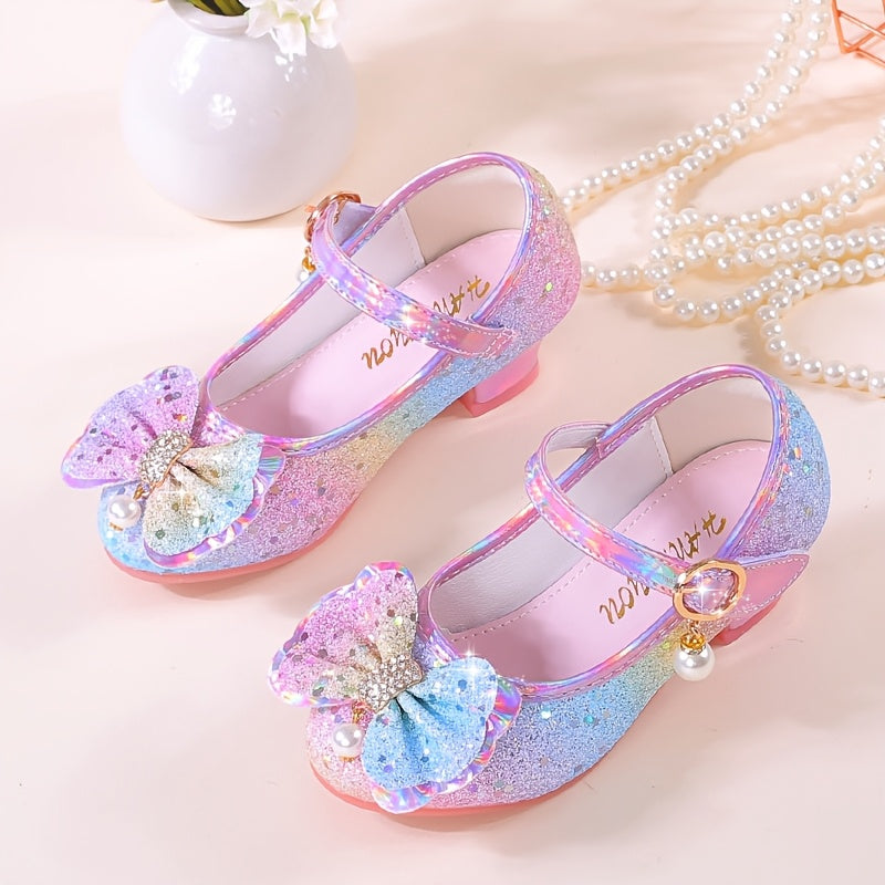 Girls' Sparkly Sequin Princess High Heels with Cute Bowknot Design, Glittery Pastel Colors, Magic Tape Closure, Lightweight Synthetic Upper & Rubber Sole - Ideal for Parties, Performances