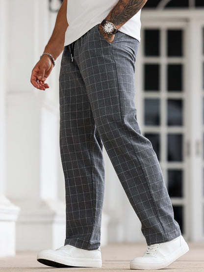 Men's Comfortable Plaid Sleep Pants with Drawstring, Machine Washable Polyester, Black & White Grid Pattern