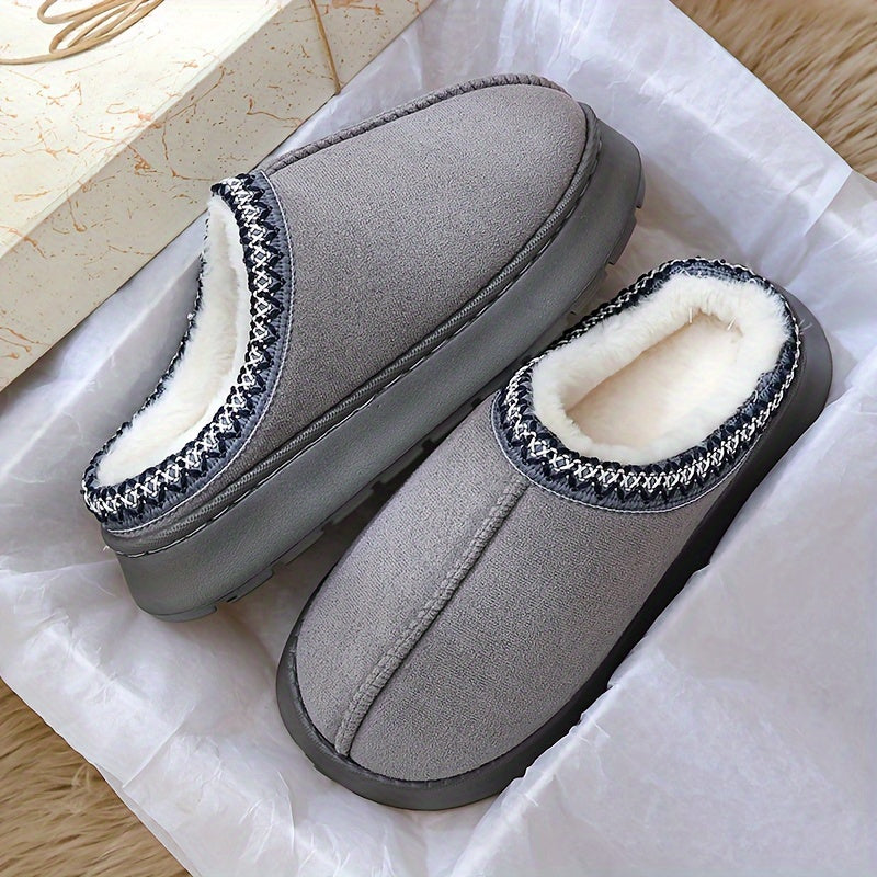 Warm and stylish beige flannel slippers for women with plush lining and striped cuff detail, suitable for indoor and outdoor wear.