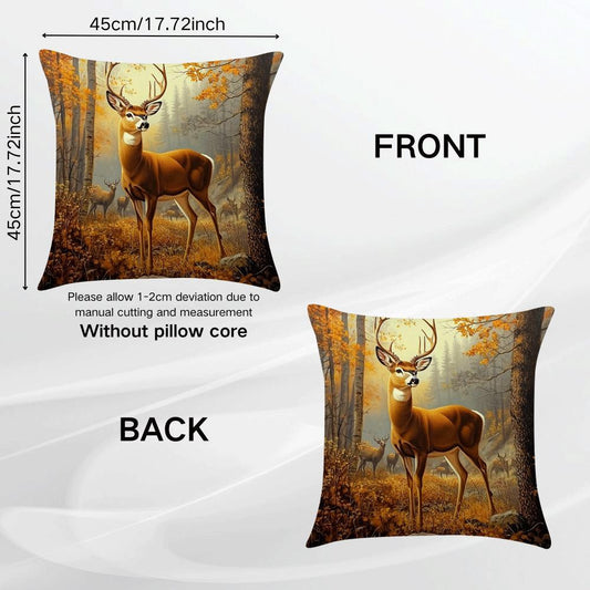 1 piece of stylish autumn elk forest scene cushion cover made of polyester. Features machine washable fabric, zipper closure, and is suitable for all seasons. Perfect for home decor and use by multi-position sleepers. Measures 45.01cm. *Cushion not