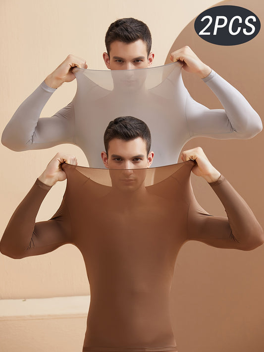 2 ultra-thin seamless thermal tops for men, ideal for fall and winter, with stretchy, comfortable base layer and round neck.