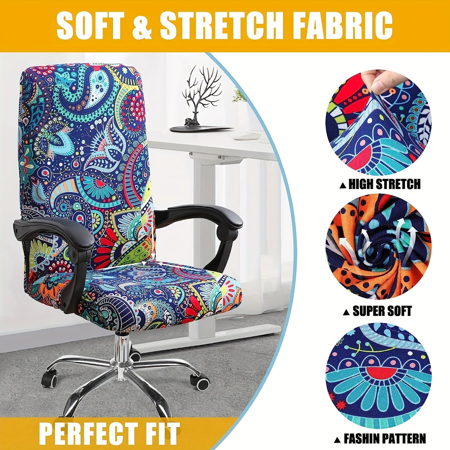 Elastic printed office chair cover with zipper, washable and dustproof for universal office rotating chairs. Perfect for bedroom, study, or office room decoration.